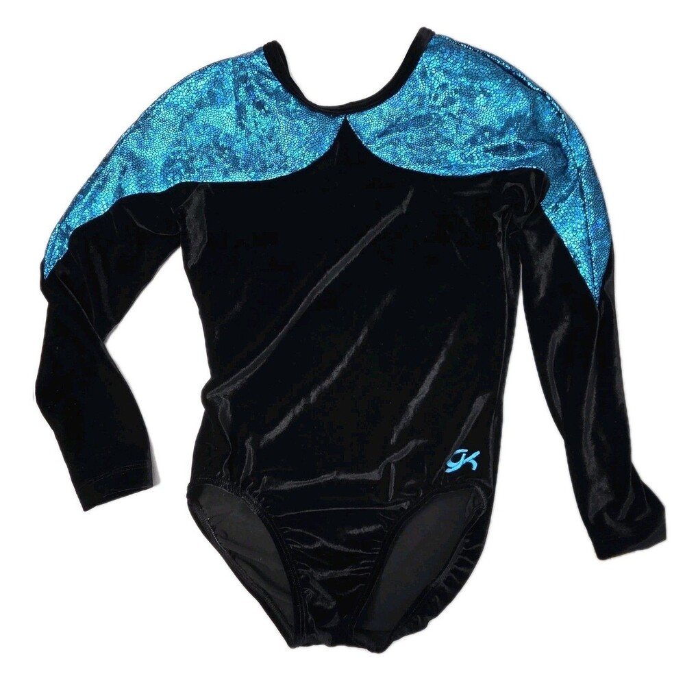 GK Elite VTG Torquoise Reflective Metallic Velvet LS Open Back Leotard Black AM - Picture 3 of 10
